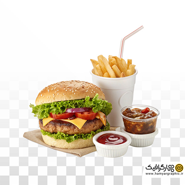 تصویر استوک همبرگر با سیب زمینی سرخ شده و سس | عکس حرفه‌ای فست فود