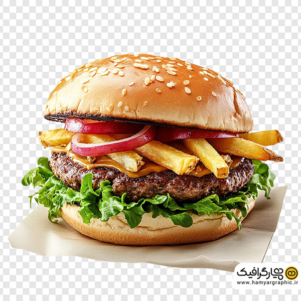 تصویر استوک همبرگر و سیب‌زمینی سرخ‌شده با کاهو | عکس حرفه‌ای فست فود
