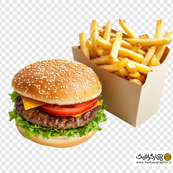 تصویر استوک همبرگر گوشت با سیب زمینی سوخاری | عکس فست فود حرفه‌ای