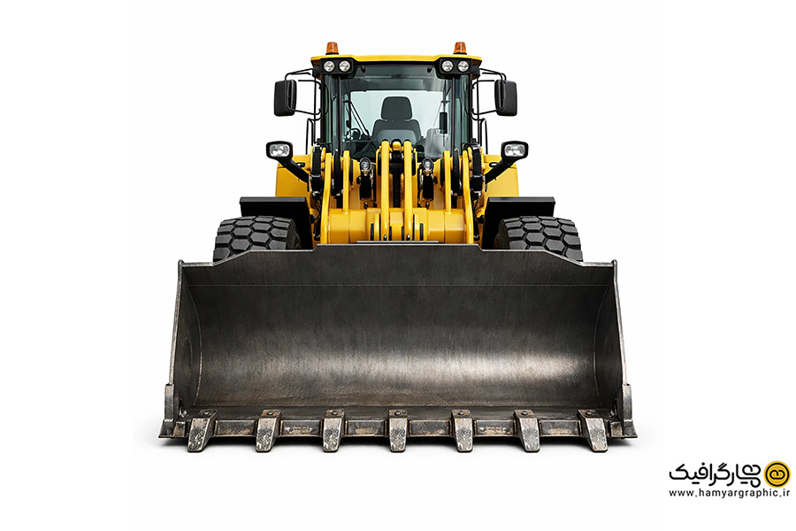 تصویر استوک لودر تمام رخ از جلو | عکس با کیفیت لودر صنعتی