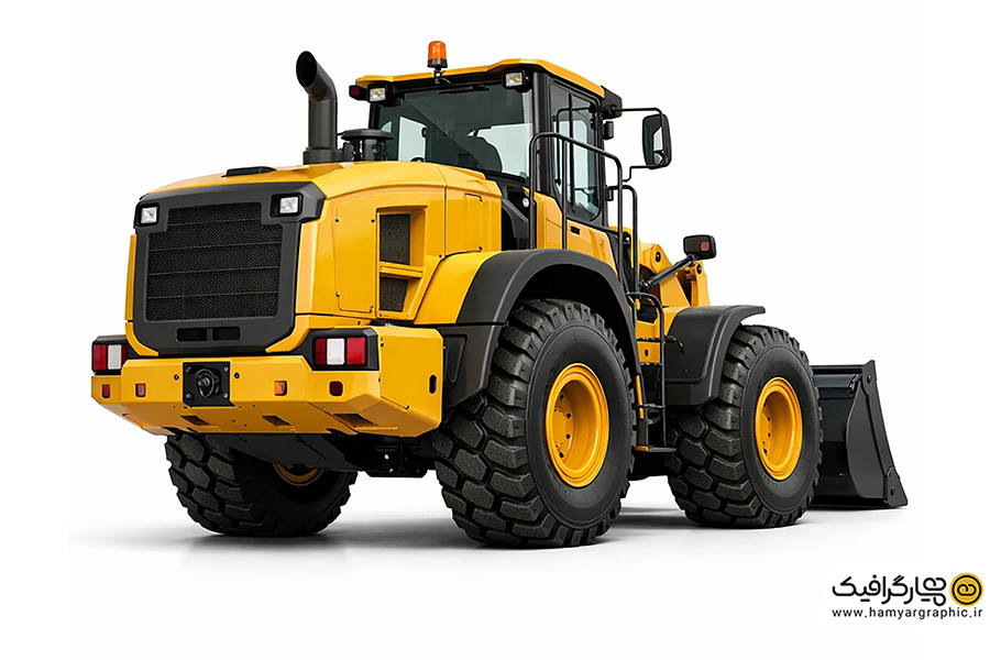 تصویر استوک لودر سه رخ از پشت | عکس با کیفیت لودر صنعتی