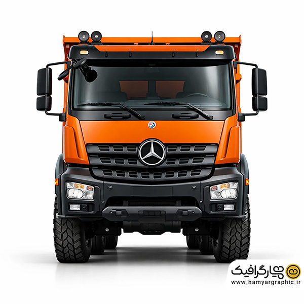 تصویر استوک کامیون کمپرسی نارنجی تمام رخ از جلو با کیفیت بالا