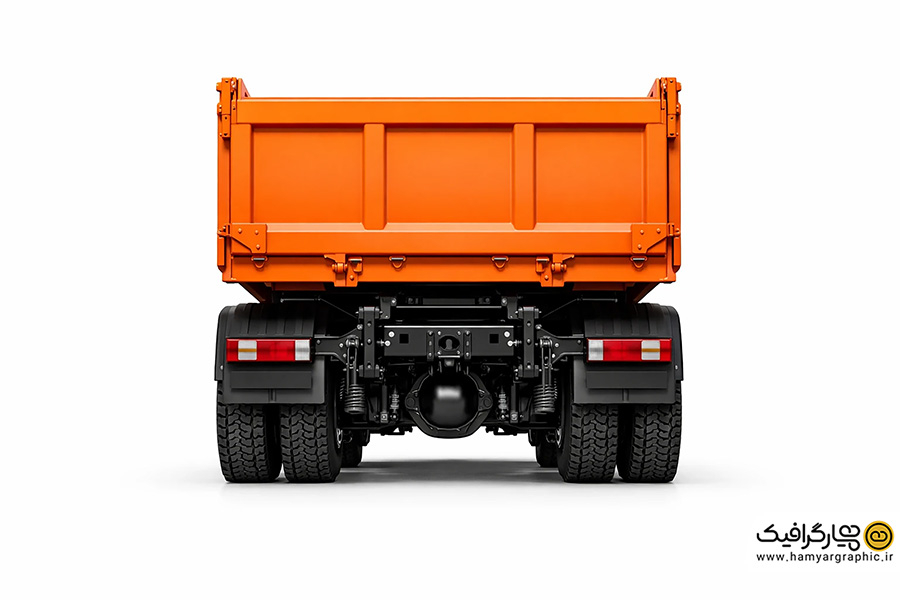 تصویر استوک کامیون کمپرسی نارنجی تمام رخ از پشت با کیفیت بالا