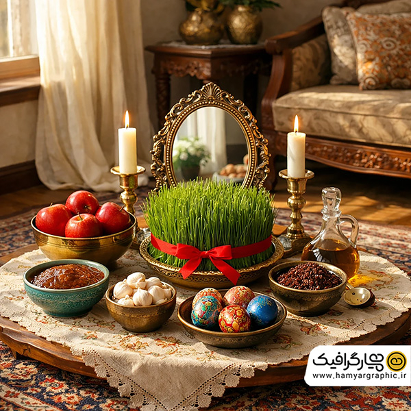 تصویر استوک با کیفیت سفره هفت سین سنتی با سبزه عید | منبع گرافیکی جشن بهار