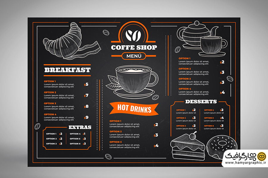 وکتور منوی کافه صبحانه با تم مشکی