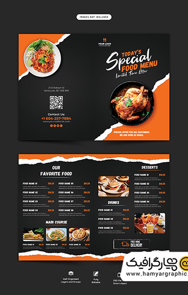 طرح لایه‌باز منوی رستوران با تم نارنجی و مشکی
