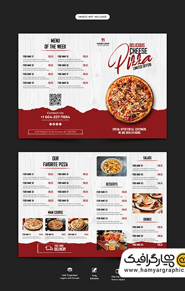 طرح لایه‌باز منوی رستوران با تم قرمز و سفید