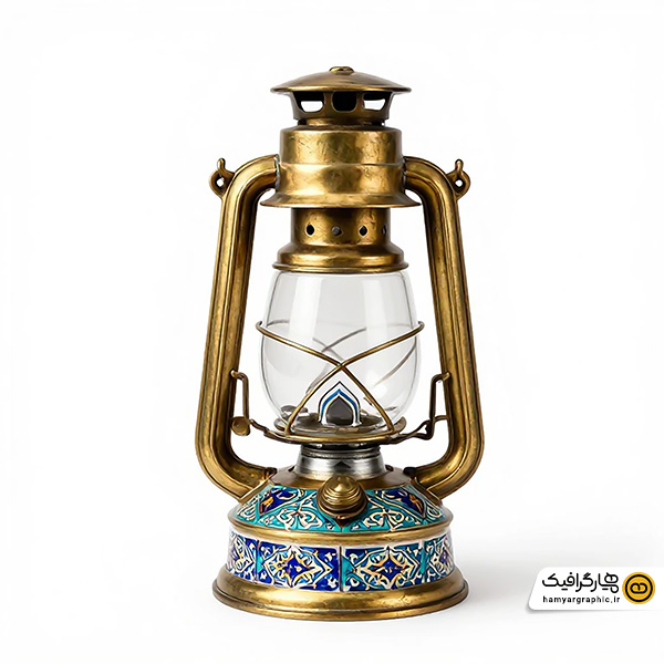 تصویر استوک با کیفیت فانوس طلایی با طرح کاشی کاری سنتی