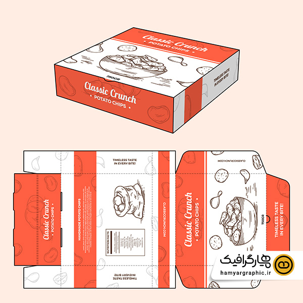 طرح وکتور تیغ برش و بسته‌ بندی سیب‌ زمینی سرخ‌ شده