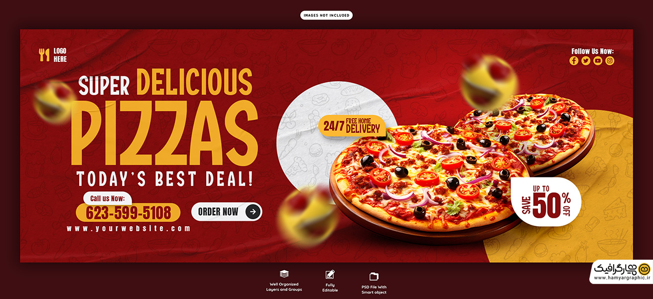 بنر پیتزا فروشی با پس زمینه قرمز و نوشته های زرد