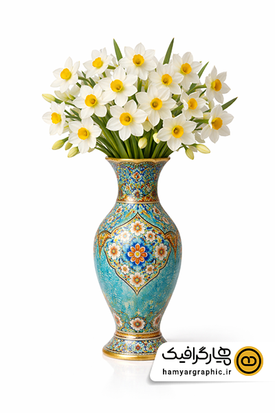 تصویر با کیفیت دسته گل نرگس با گلدان سنتی ایرانی