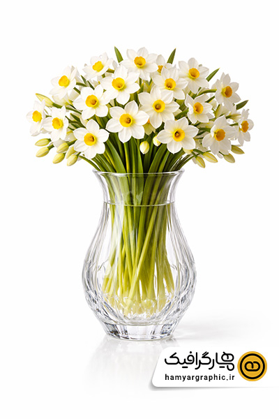 عکس با کیفیت دسته گل نرگس با گلدان بلور | گل نرگس با گلدان