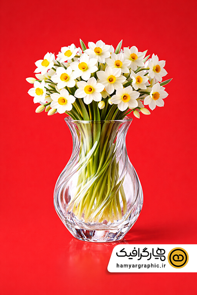 عکس با کیفیت دسته گل نرگس با بک گراند قرمز