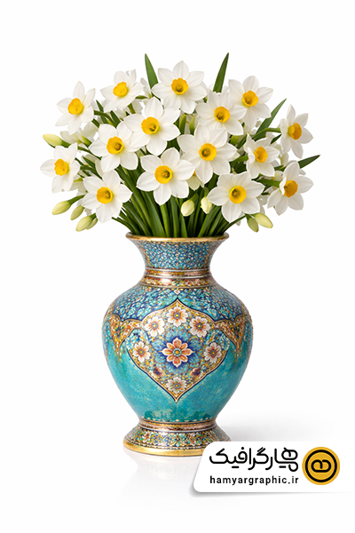 عکس با کیفیت دسته گل نرگس با گلدان فیروزه ای